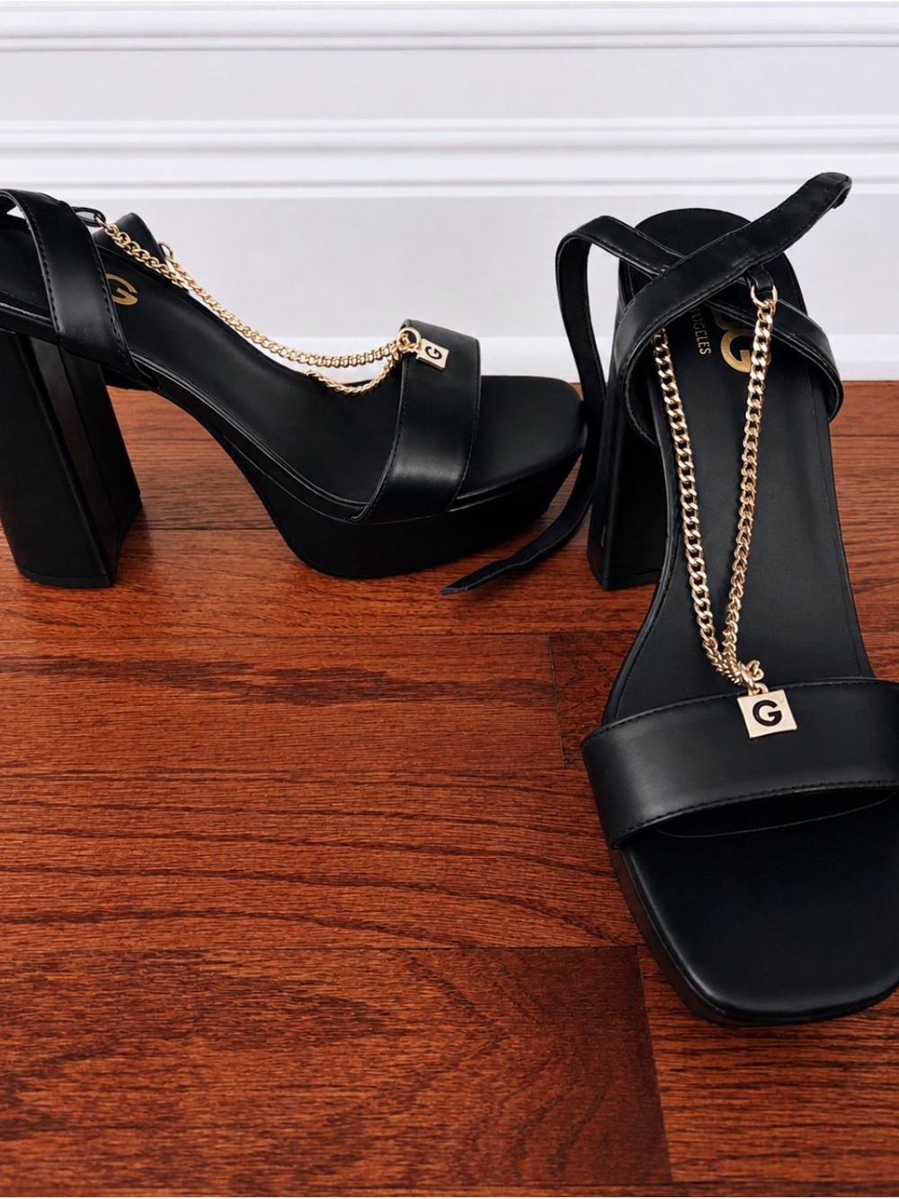 Black Platform Block Heel Sandals with old Chain Accent